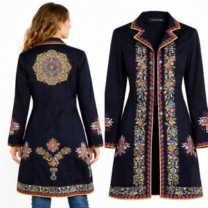 Johnny Was Womens Black Embroidered Floral Cotton Longline Jacket Blazer Small